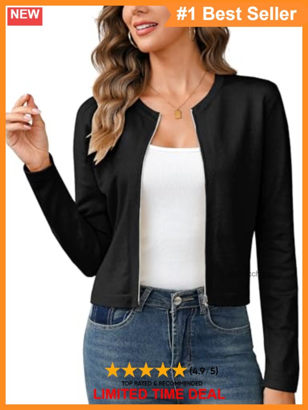 100% Viscose Knit Zip Up Cropped Cardigan Long Sleeve Shrug